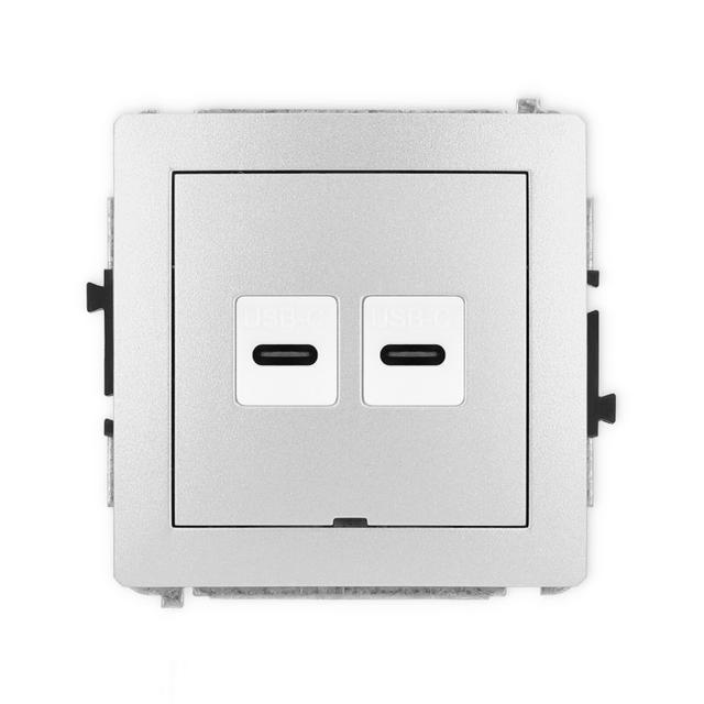 DECO Mechanizm gniazda podwójnego 2xUSB C-C, bez pola opisowego srebrny metalik