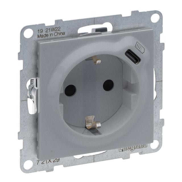 Suno Gniazdo Pojedyncze Z Uziemieniem Schuko 2P+Z 16A 250 V + Usb Typ C 1,5A 5 V Aluminium 721329 LEGRAND