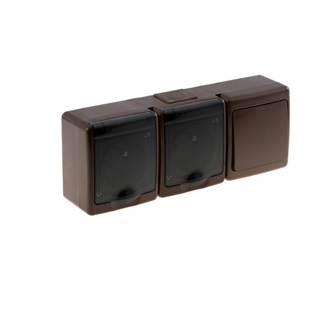 Wyłącznik BETA1, pojed., jednobiegunowy z gniazdem BETA1, podwójnym, 2x2P+Z, IP44, dymnym, ob. brąz*