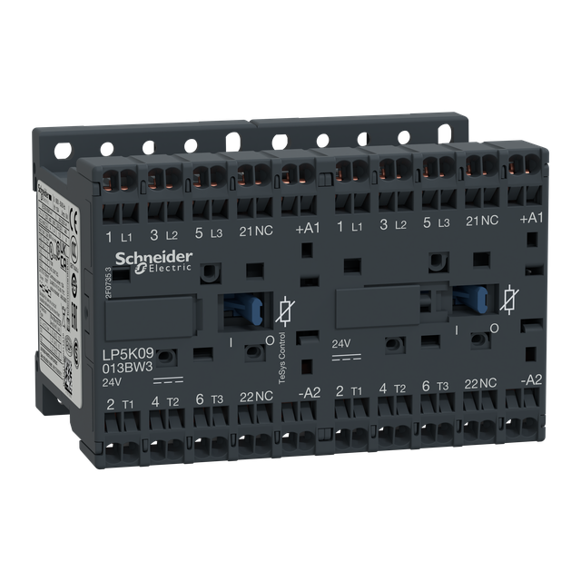 Stycznik nawrotny, TeSys K, 9A, 3P, 1NC, cewka 24VDC, zaciski sprężynowe LP5K09013BW3
