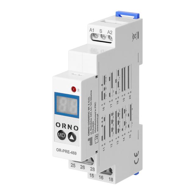 Cyfrowy przekaźnik czasowy 1 modułowy wielofunkcyjny, 0.1 s-99 dni, 12-240 VAC, 16 A, 20 trybów OR-PRE-469 ORNO