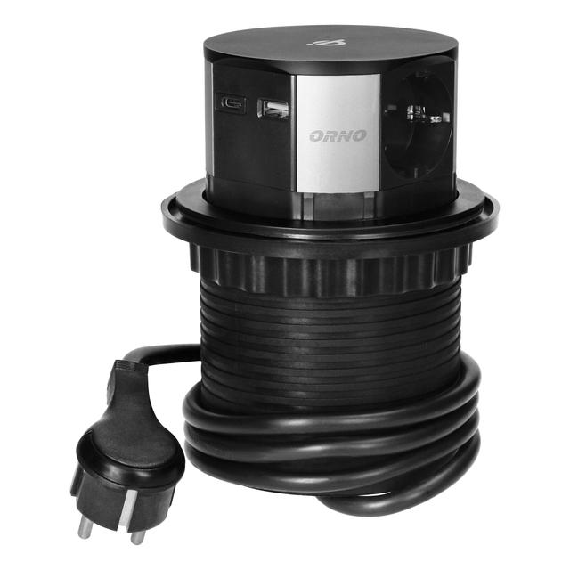 Gniazdo meblowe O10cm wysuwane z blatu z ładowarką indukcyjną ładowarką USB i przewodem 1,5m 3x2P+ O