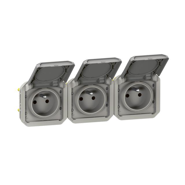 PLEXO Mechanizm gniazda potrójnego 3X2P+Z IP55 poziome komplet 16A 250V szary 069564L LEGRAND