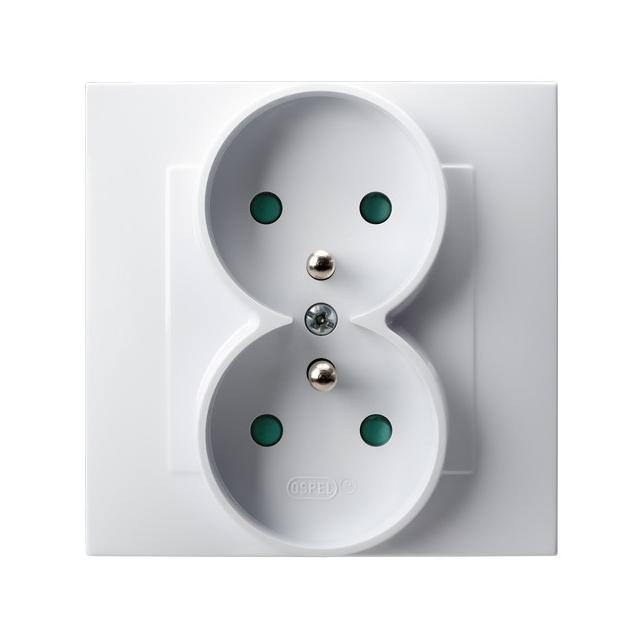 SZAFIR Gniazdo podwójne z uziemieniem z przesłonami torów prądowych, kompletne z ramką - kolor biały