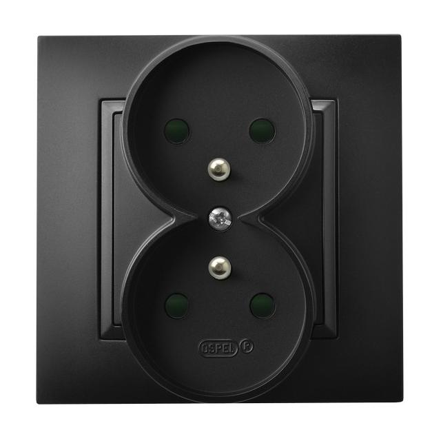 ARIA Gniazdo podwójne z uziemieniem z przesłonami torów prądowych, kompletne z ramką - kolor czarny