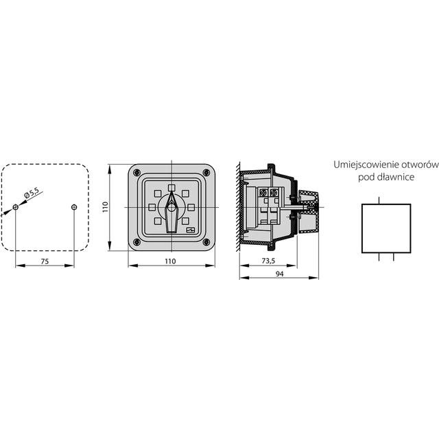 Łącznik Krzywkowy 15A, Rozłącznik 0-1 (2 - biegunowy), w obudowie OB1 z czołem zamykanym