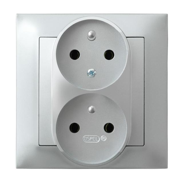 IMPRESJA Gniazdo podwójne z uziemieniem z funkcją niezamienności faz, kompletne z ramką - kolor sreb
