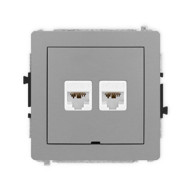 DECO Mechanizm gniazda komputerowego podwójnego 2xRJ45, kat. 6A, 8-stykowy, bez pola opisowego szary