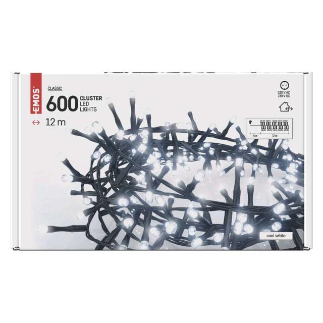 Lampki choinkowe LED Classic Cluster 600 LED 12m zimna biel IP44 timer D4BC03 EMOS