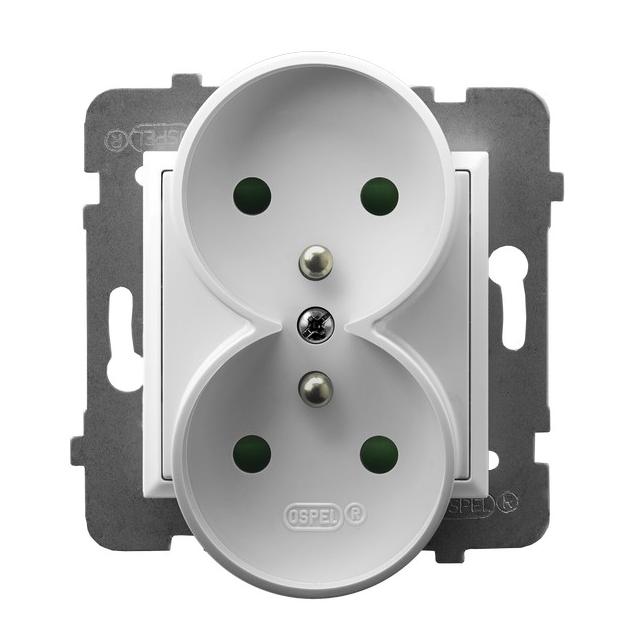 ARIA Gniazdo podwójne z uziemieniem z przesłonami torów prądowych, moduł bez ramki - kolor biały GP-