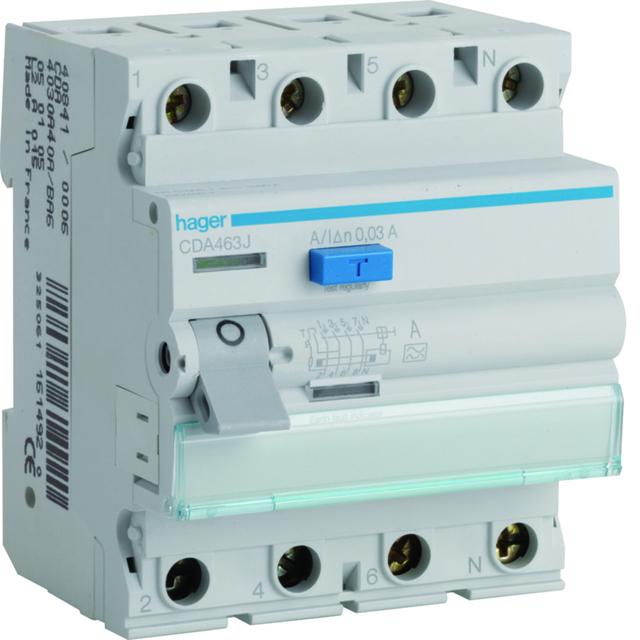 RCCB Wyłącznik różnicowoprądowy 3P+N 63A 30mA 6kA CDA463J HAGER