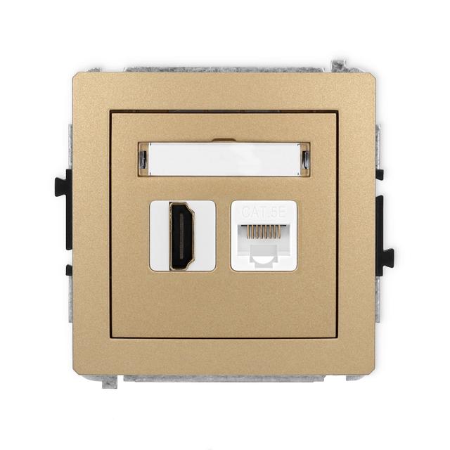 DECO Mechanizm gniazda pojedynczego HDMI 2.0 + gniazda komp. poj. 1xRJ45, kat. 5e, 8-stykowy złoty m
