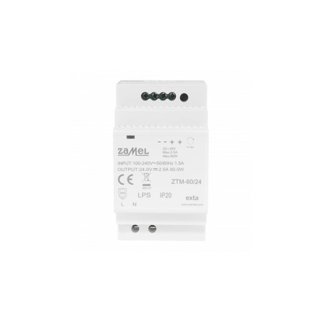 ZASILACZ IMPULSOWY MONTOWANY NA SZYNIE TH-35 (DIN) , 60W, 24V DC TYP: ZTM-60/24