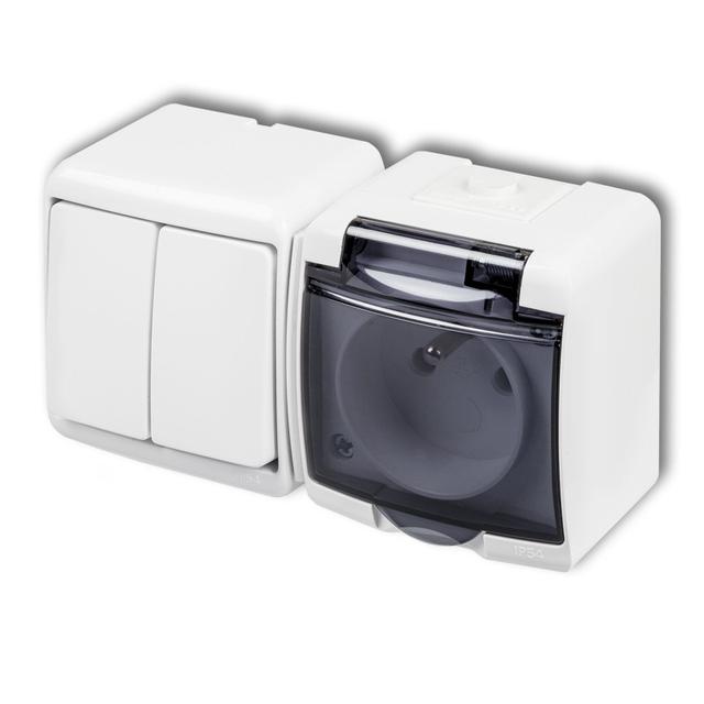 JUNIOR Łącznik świecznikowy z gniazdem pojedynczym z uziemieniem 2P+Z (klapka dymna; przesłony torów