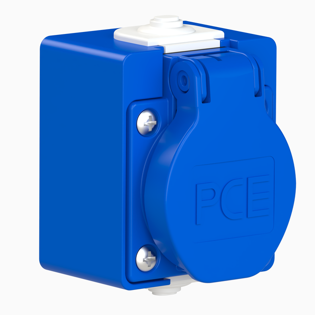 GNIAZDO WTYCZKOWE 230V Z BOLCEM Z PUSZKĄ NADTYNKOWĄ Niebieskie z puszką niebieską 104-0hp 104-0HP PCE