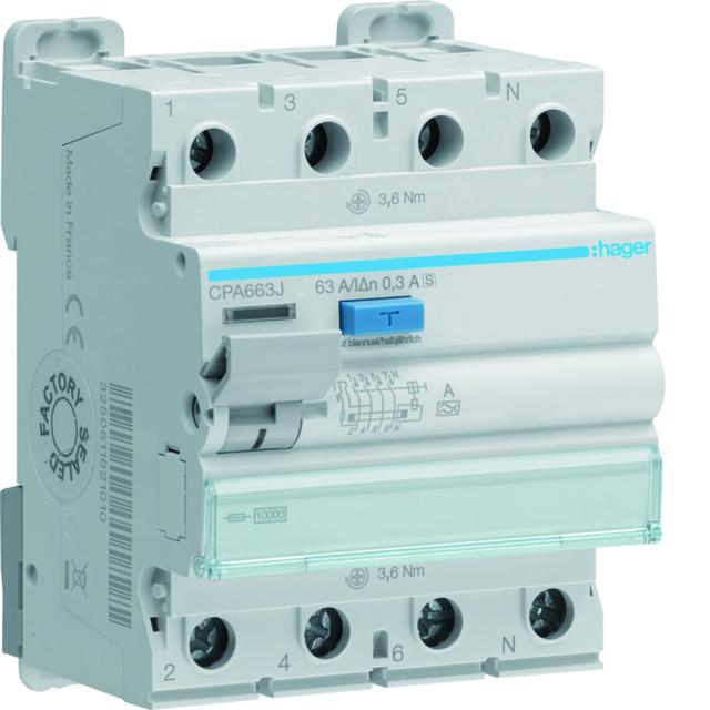 RCCB Wyłącznik różnicowoprądowy 10kA 3P+N 63A 300mA typ A S CPA663J HAGER