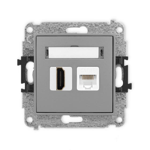 ICON Mechanizm gniazda pojedynczego HDMI 2.0 + gniazda komp. poj. 1xRJ45, kat. 5e, 8-stykowy szary m