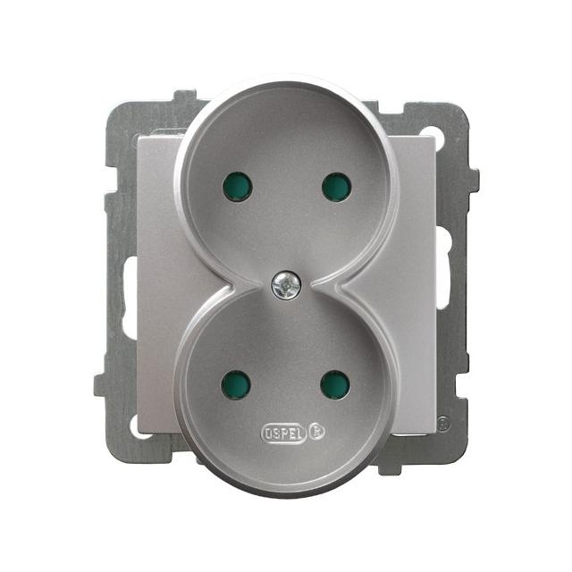 AS Gniazdo podwójne z przesłonami torów prądowych, moduł bez ramki - kolor srebro GP-2GRP/m/18