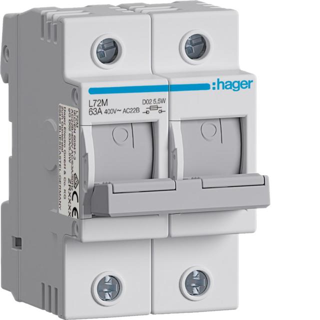 Modułowy rozłącznik bezpiecznikowy poziomy D02 2P 63A 400VAC 110/220VDC L72M HAGER