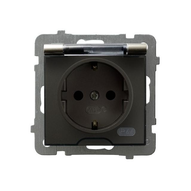 AS Gniazdo bryzgoszczelne z uziemieniem schuko IP-44 wieczko przezroczyste - kolor satyna light