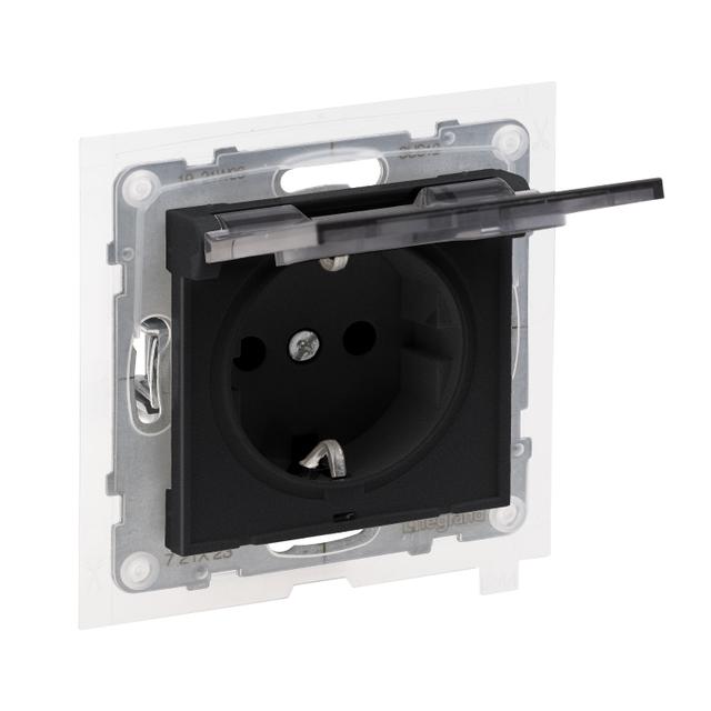 Suno Gniazdo Pojedyncze Z Uziemieniem Schuko 2P+Z- 16A 250 V Z Przesłoną IP44 Zaciski Automatyczne Czarny 721423 LEGRAND