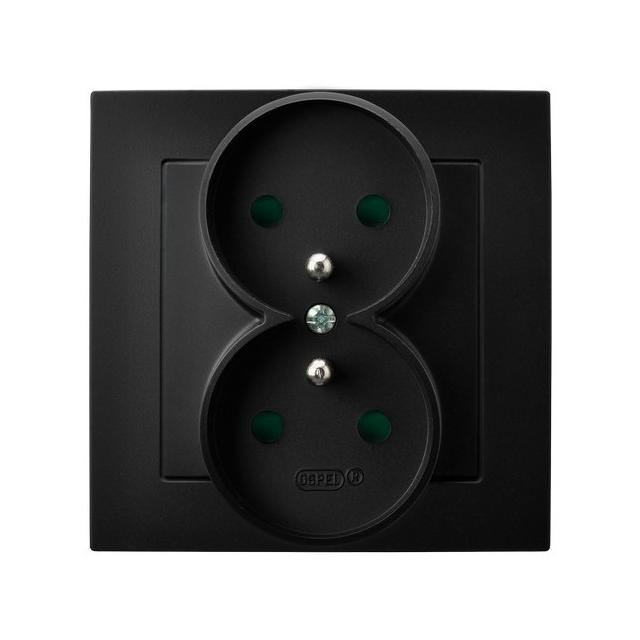 AS Gniazdo podwójne z uziemieniem z przesłonami torów prądowych, kompletne z ramką - kolor czarny me