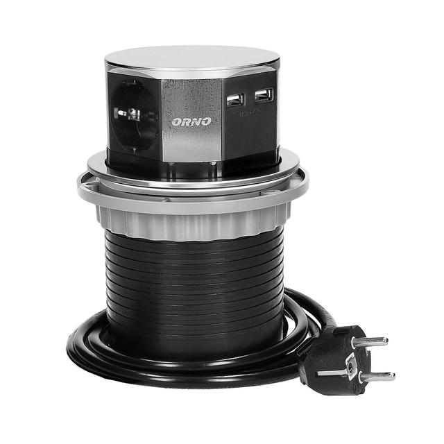 Gniazdo meblowe O10cm wysuwane z blatu z ładowarką USB i przewodem 1,5m, 3x2P+Z, 2xUSB, INOX, schuko OR-AE-1381(GS) ORNO
