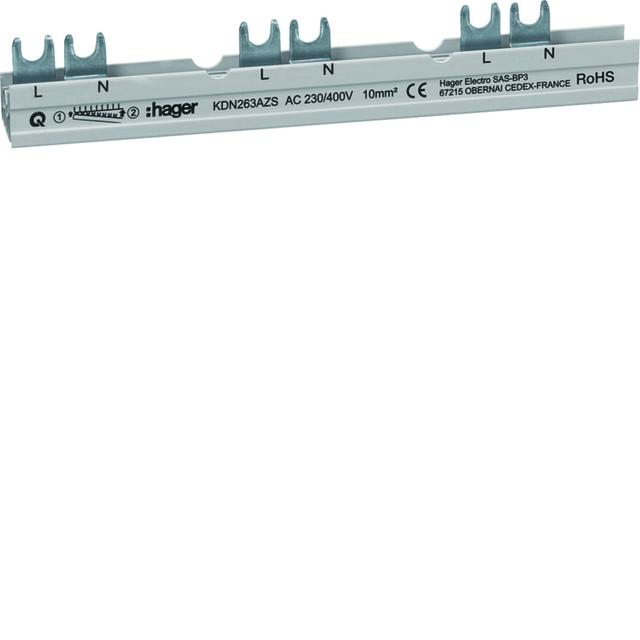 Szyna grzebieniowa widełkowa pozioma LN przerwa 1M + akc 10mm2 63A 10M KDN263AZS HAGER