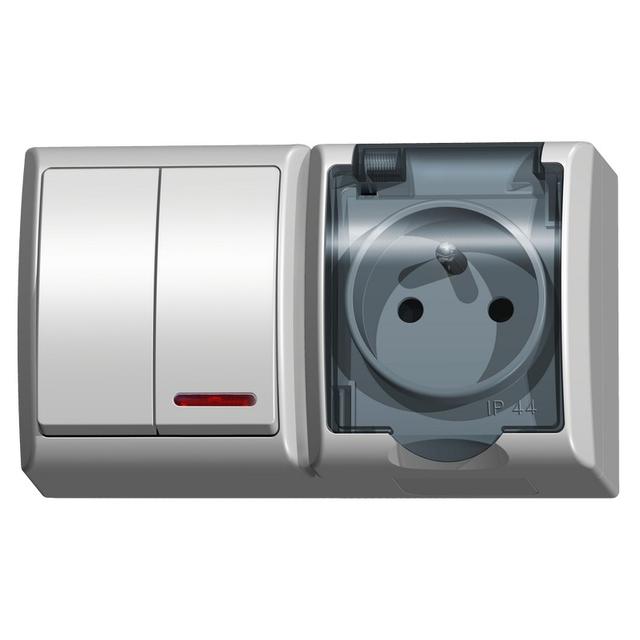 FALA Łącznik dwugrupowy świecznikowy z podświetleniem + gniazdo pojedyncze wieczko przezroczyste - k