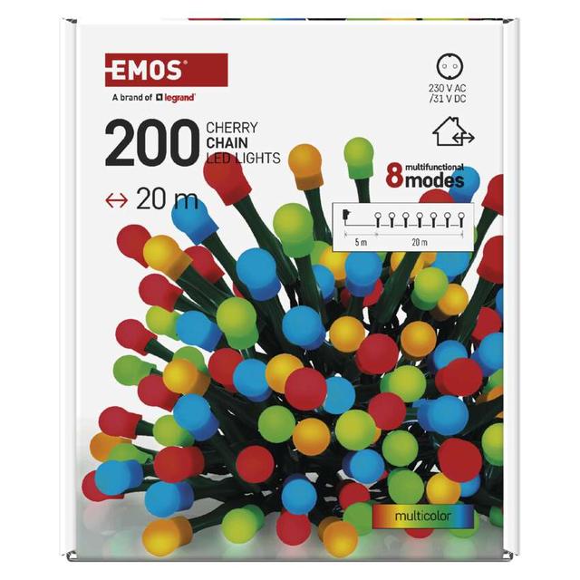 Lampki choinkowe 200 LED cherry 20m multikolor zielony przewód IP44 8 programów timer D5AM23 EMOS