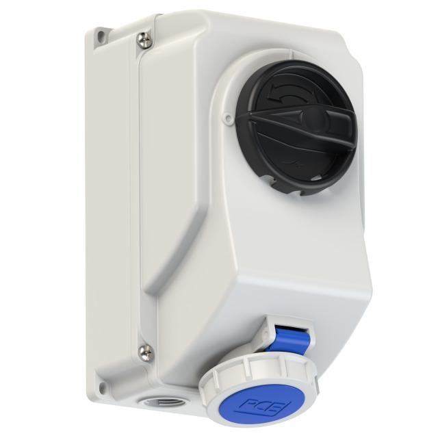 GNIAZDO Z WYŁĄCZNIKIEM 0-1 DUŻE BLOKADA MECHANICZNA 16A 230V 2P+Z IP44 IP44