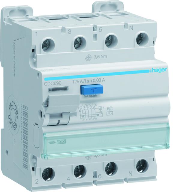 RCCB Wyłącznik różnicowoprądowy 3P+N 125A 30mA 10kA AC CDC690 HAGER