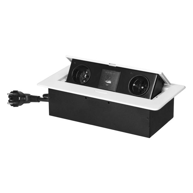 Gniazda meblowe wpuszczane w blat z płaskim frezowanym rantem, ładowarką USB i przewodem 1,5m, 2x2P+