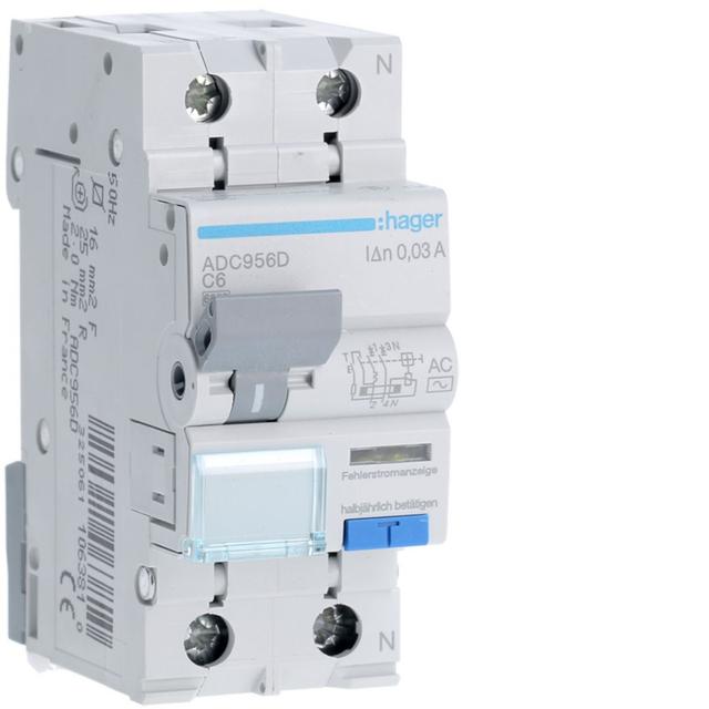 RCBO Wyłącznik różnicowoprądowy z członem nadprądowym 1P+N 6kA C6A 30mA Typ AC ADC956D HAGER