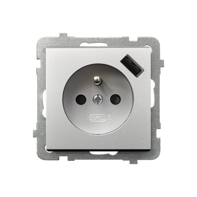 Gniazdo pojedyncze z uziemieniem z ładowarką A+C SONATA SREBRO