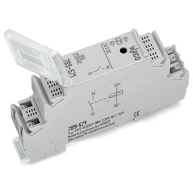 Moduł przekaźnika implusowego nominalne napięcie wejściowe 24V DC 1 zestyk zwierny graniczny prąd stały 16A sygnalizacja statusu czerwony szerokość 18mm 2,50mm2 szary 789-571 WAGO