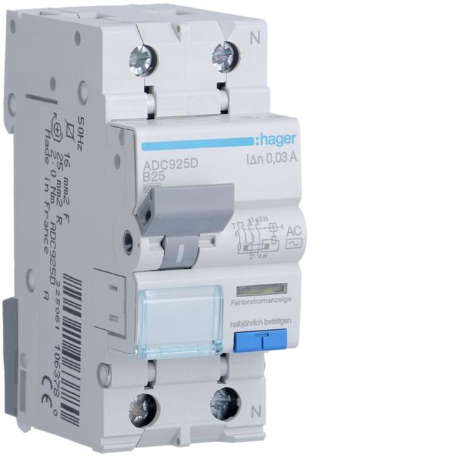 RCBO Wyłącznik różnicowoprądowy z członem nadprądowym 1P+N 6kA B25A 30mA Typ AC ADC925D HAGER