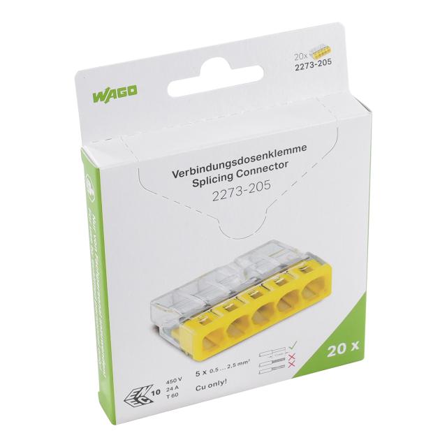 Szybkozłączka 5x 0,5‑2,5mm2 transparentna/żółta 2273‑205, 2273‑205/995‑020 /20szt./ WAGO