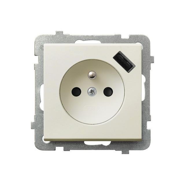 SONATA Gniazdo pojedyncze z uziemieniem z przesłonami torów prądowych, z ładowarką USB - kolor ecru