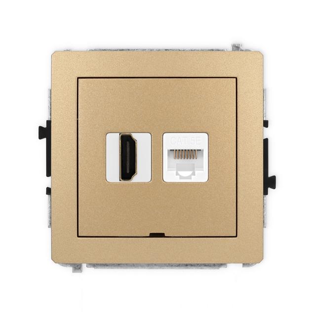 DECO Gniazdo pojedyncze HDMI 2.0, 4K + gniazda komp. poj. 1xRJ45, kat. 5e, 8-stykowy, bez pola opisowego złoty metalik 8DGHKBO 8DGHKBO-45e KARLIK