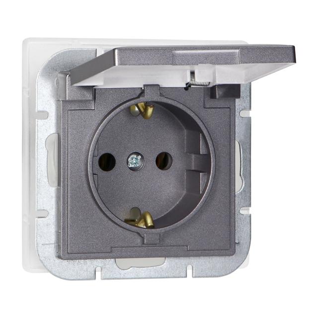 Gniazdo pojedyncze podtynkowe 2P+Z Schuko bryzgoszczelne z klapką Pearl, 16A, 250V, PT-17PH, antracy OR-OE-7705(GS)/AA ORNO