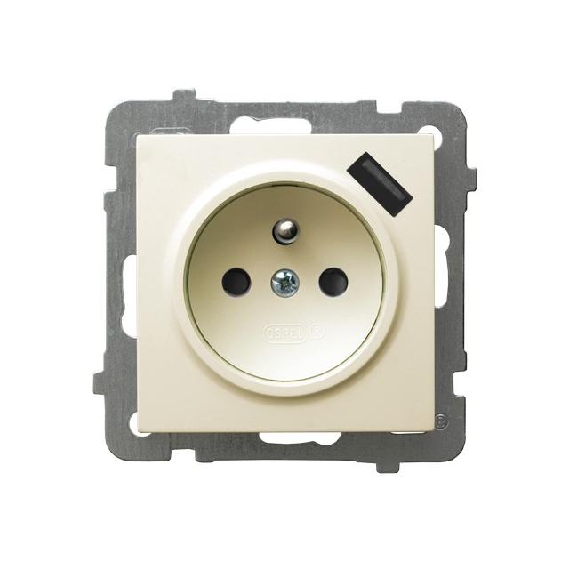 AS Gniazdo pojedyncze z uziemieniem z przesłonami torów prądowych z ładowarką USB kolor ecru GP-1GZPUSB/m/27 OSPEL