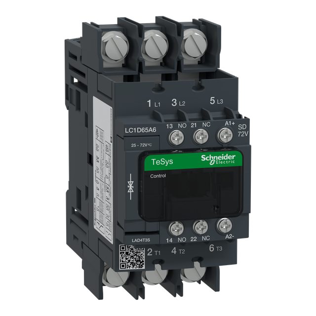 Stycznik mocy I= 65A AC-3, styki pom. 1NC+1NO, nap. cewki 72 V DC LC1D65A6SD SCHNEIDER
