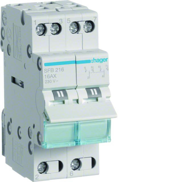 Modułowy przełącznik instalacyjny I-0-II punkt wspólny od dołu 2P 16A 230VAC SFB216 HAGER