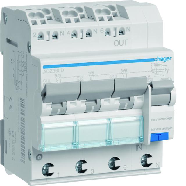 RCBO Wyłącznik różnicowoprądowy z czł. nadpr. 3x1+N 6kA C10A 30mA Typ A QC/QBB ADZ360D HAGER