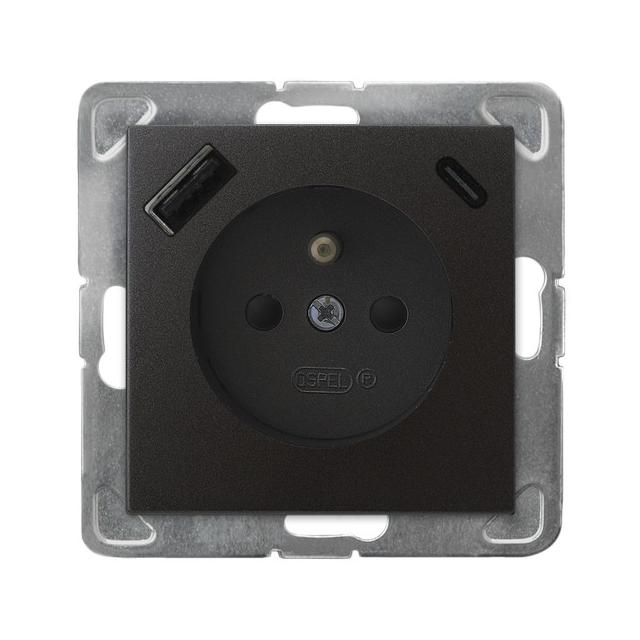 Gniazdo pojedyncze z uziemieniem z ładowarką A+C IMPRESJA ANTRACYT