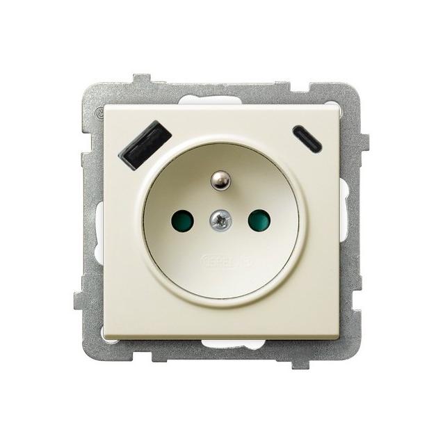 SONATA Gniazdo pojedyncze z uziemieniem z przesłonami torów prądowych z ładowarką USB A+C kolor ecru GP-1RZPUSBAC/m/27 OSPEL