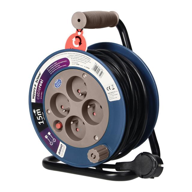 Przedłużacz bębnowy MINI 4 gniazda metalowy stojak polwinit H05VV-F 3x1mm2 długość 15m szary OR-AE-1