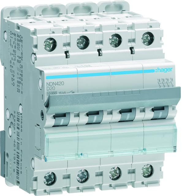MCB Wyłącznik nadprądowy 10kA/15kA 4P D 20A NDN420 HAGER