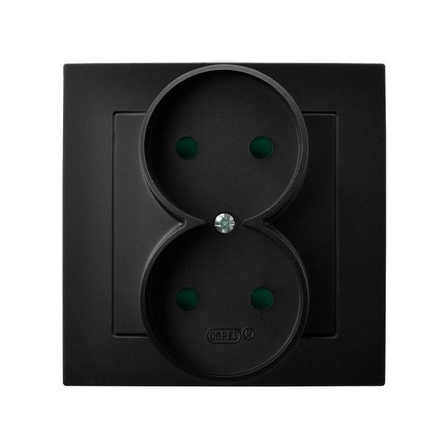 AS Gniazdo podwójne z przesłonami torów prądowych, kompletne z ramką - kolor czarny metalik